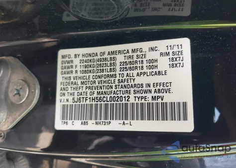 2012 Honda Crosstour Ex-L from USA, damaged, VIN 5J6TF1H56CL002012